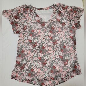 Floral Print Women's Top - Pink and Gray